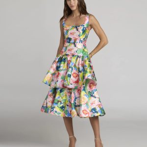 Multicolor Floral Tiered Square Neck Midi Dress