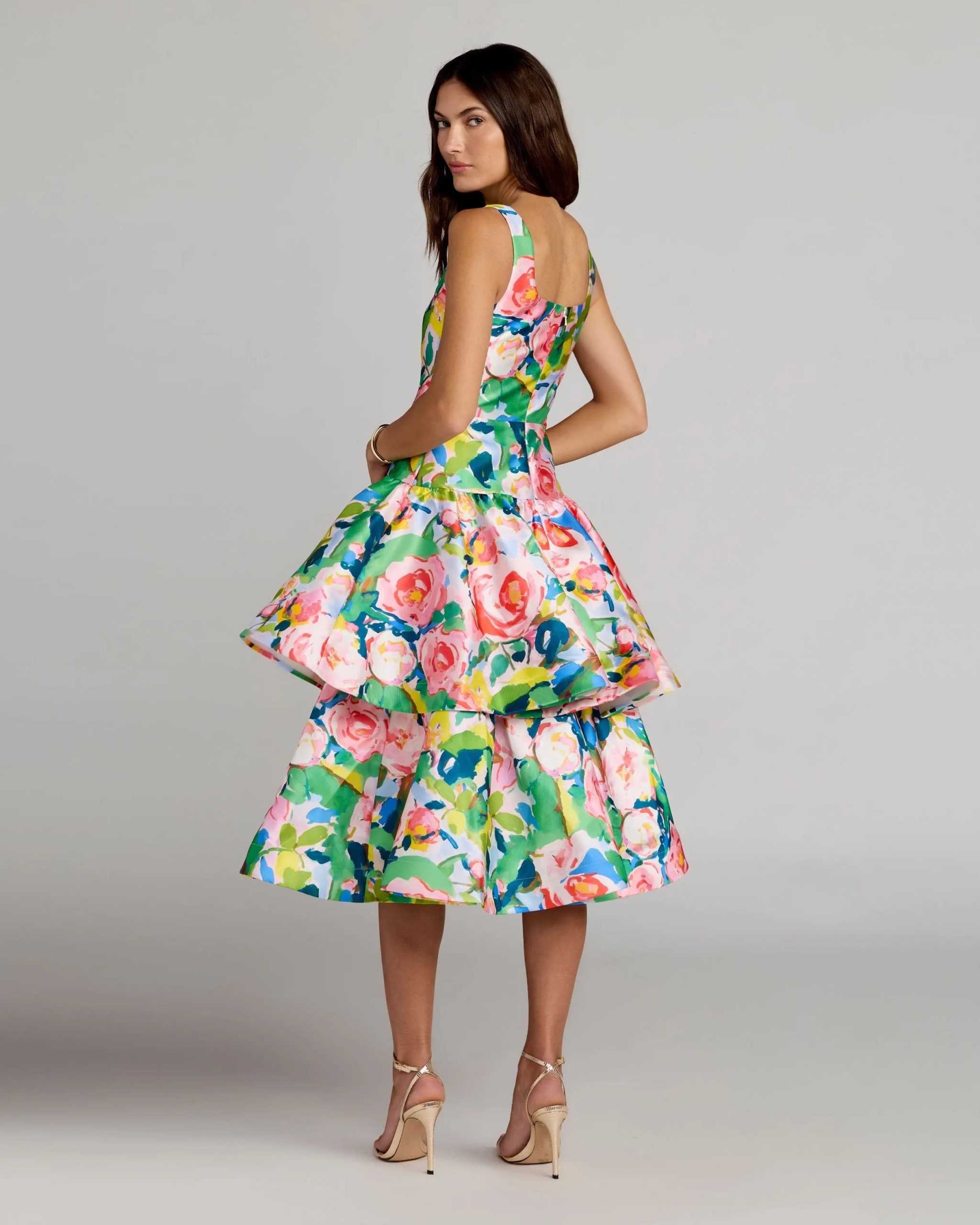 Multicolor Floral Tiered Square Neck Midi Dress - Image 3
