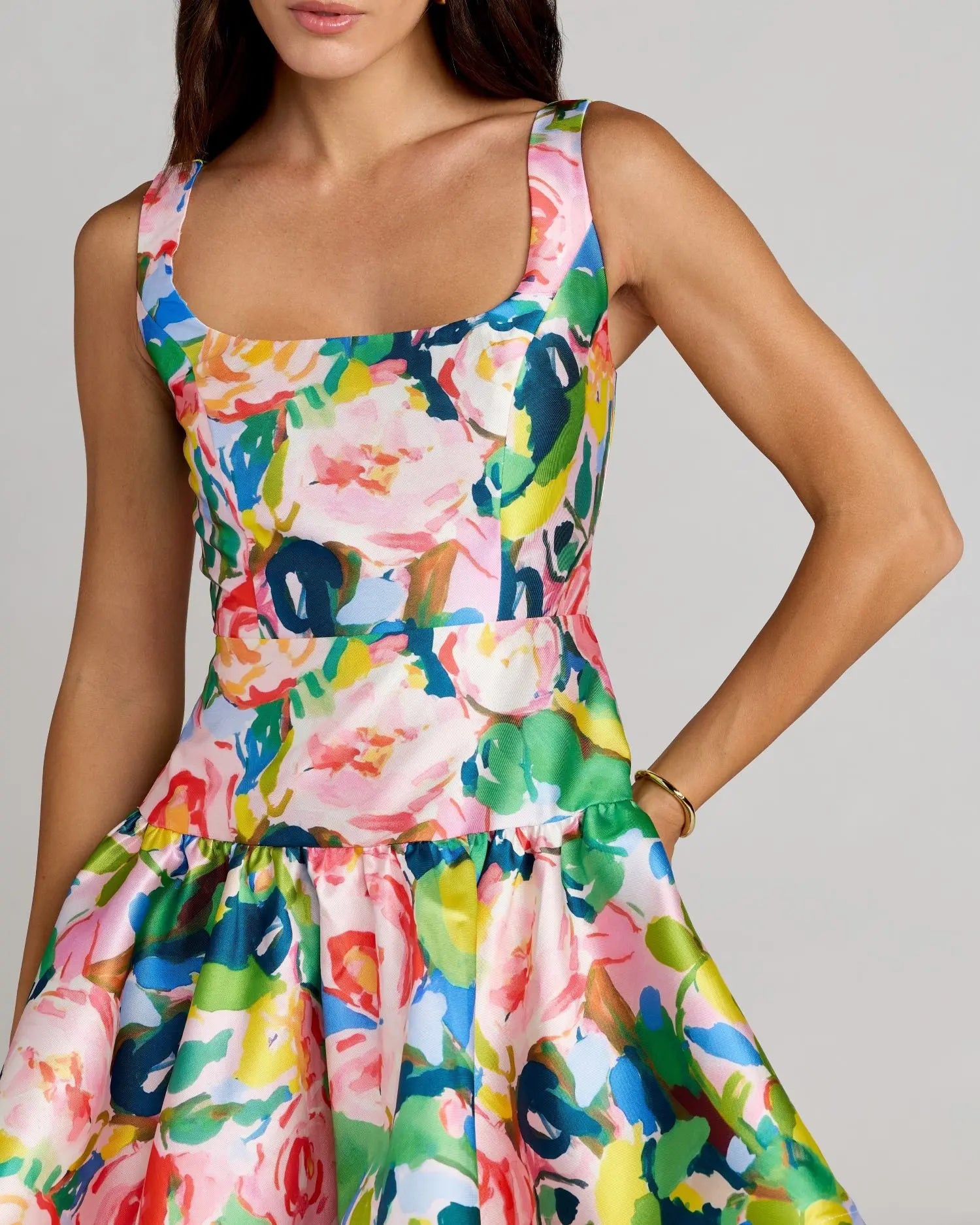 Multicolor Floral Tiered Square Neck Midi Dress - Image 2