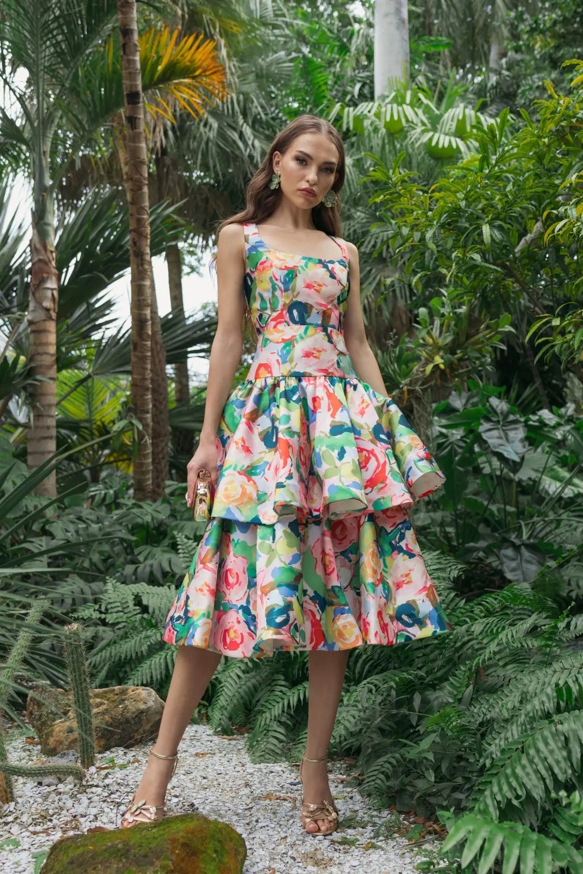 Multicolor Floral Tiered Square Neck Midi Dress - Image 4