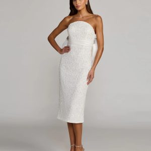 Ivory Strapless Beaded Bow Back Midi Dress
