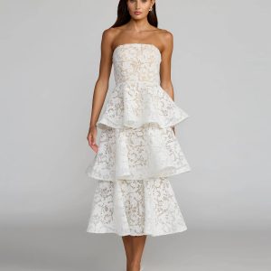 White and Beige Strapless Lace Tiered Ruffle Midi Dress
