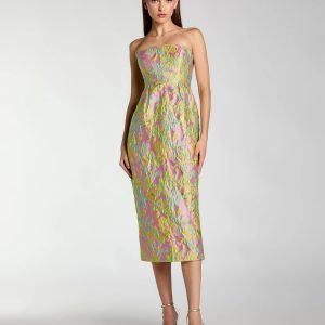 Multicolor Strapless Floral Brocade Midi Dress