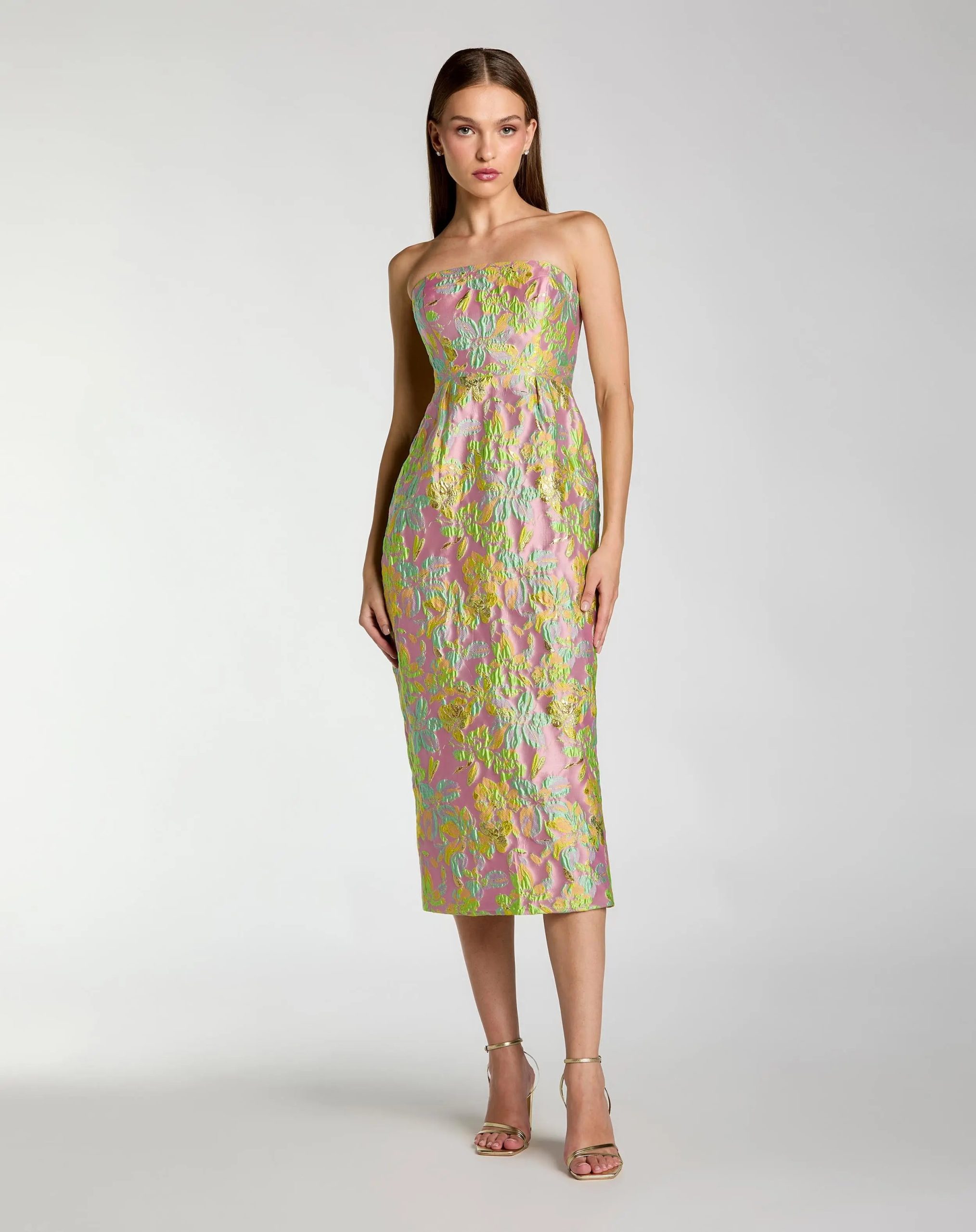 Multicolor Strapless Floral Brocade Midi Dress