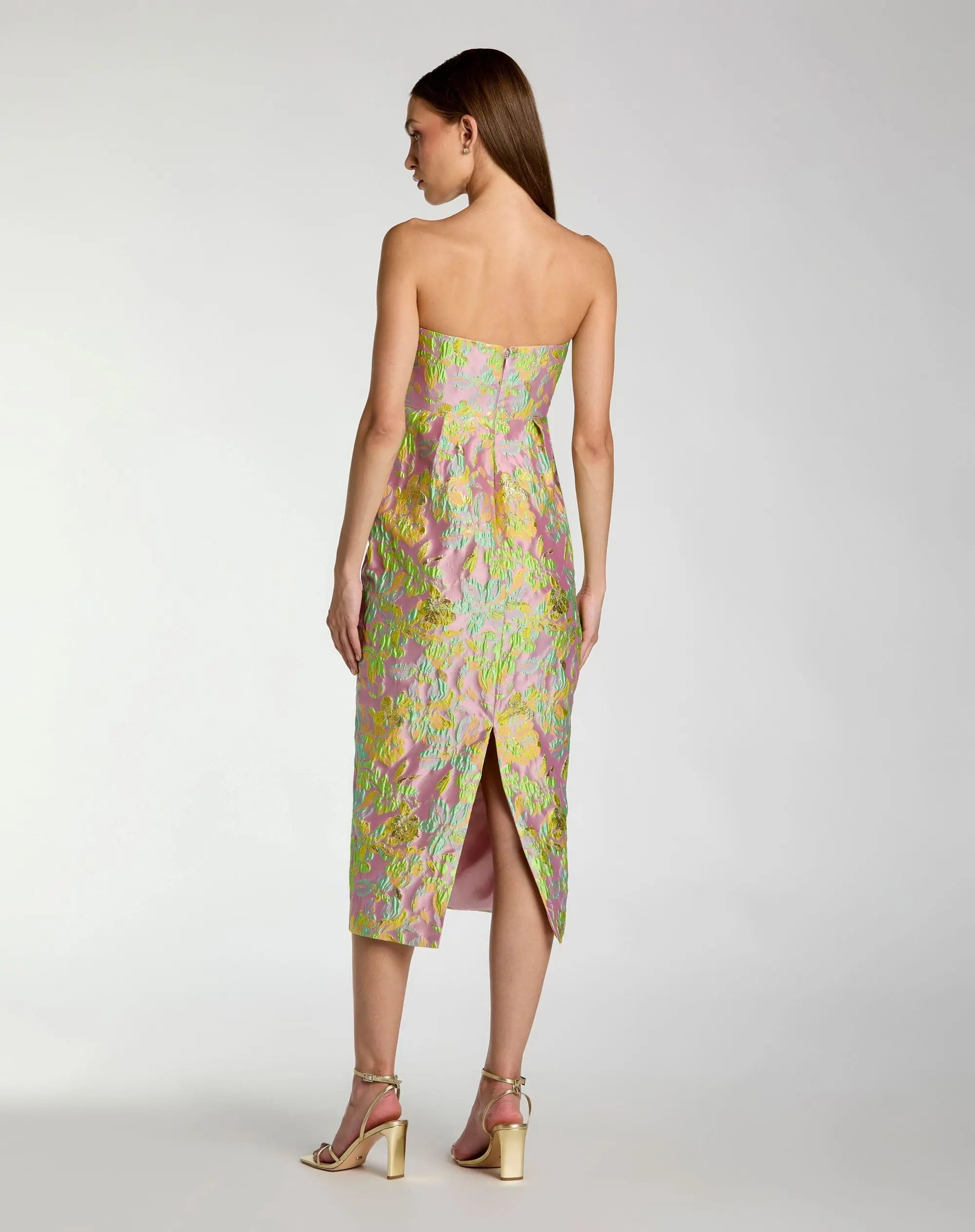 Multicolor Strapless Floral Brocade Midi Dress - Image 4