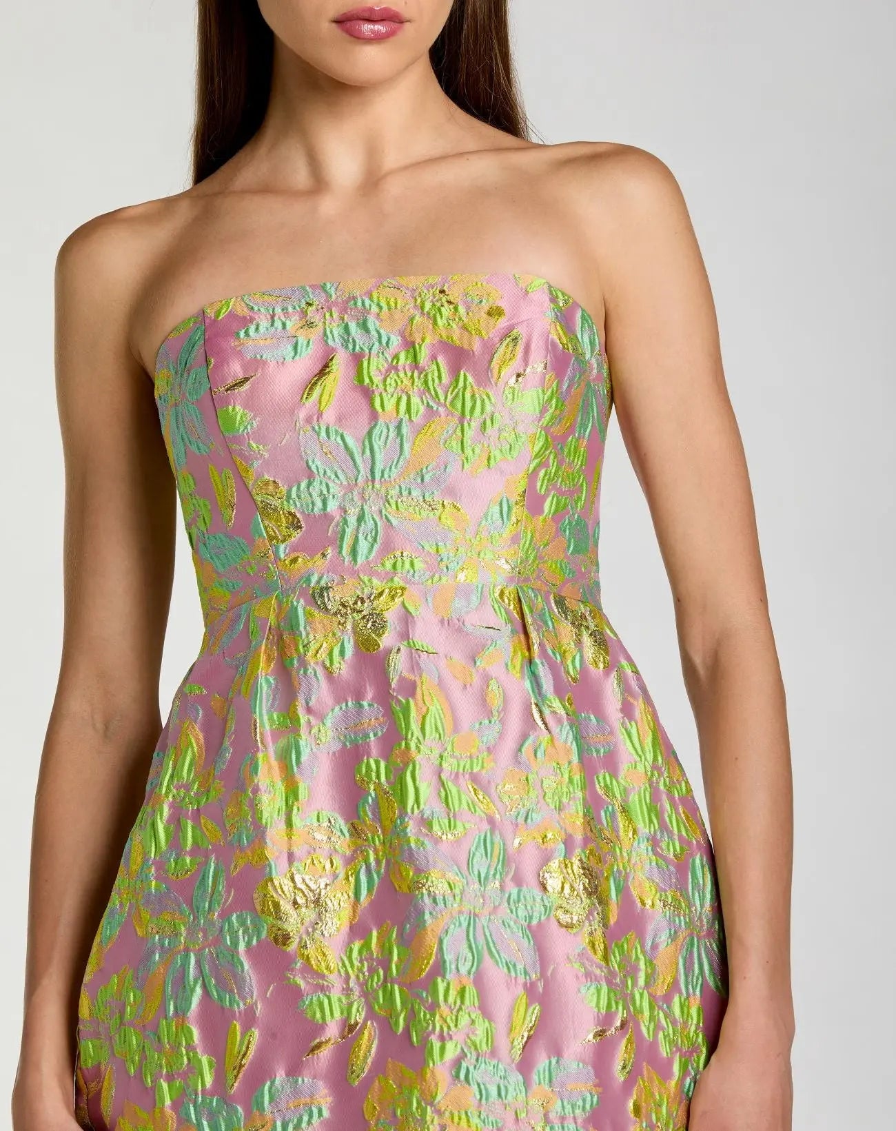 Multicolor Strapless Floral Brocade Midi Dress - Image 2