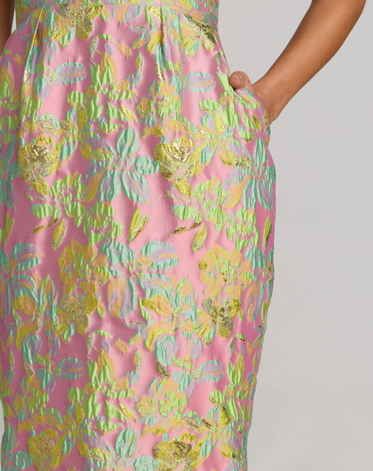 Multicolor Strapless Floral Brocade Midi Dress - Image 3