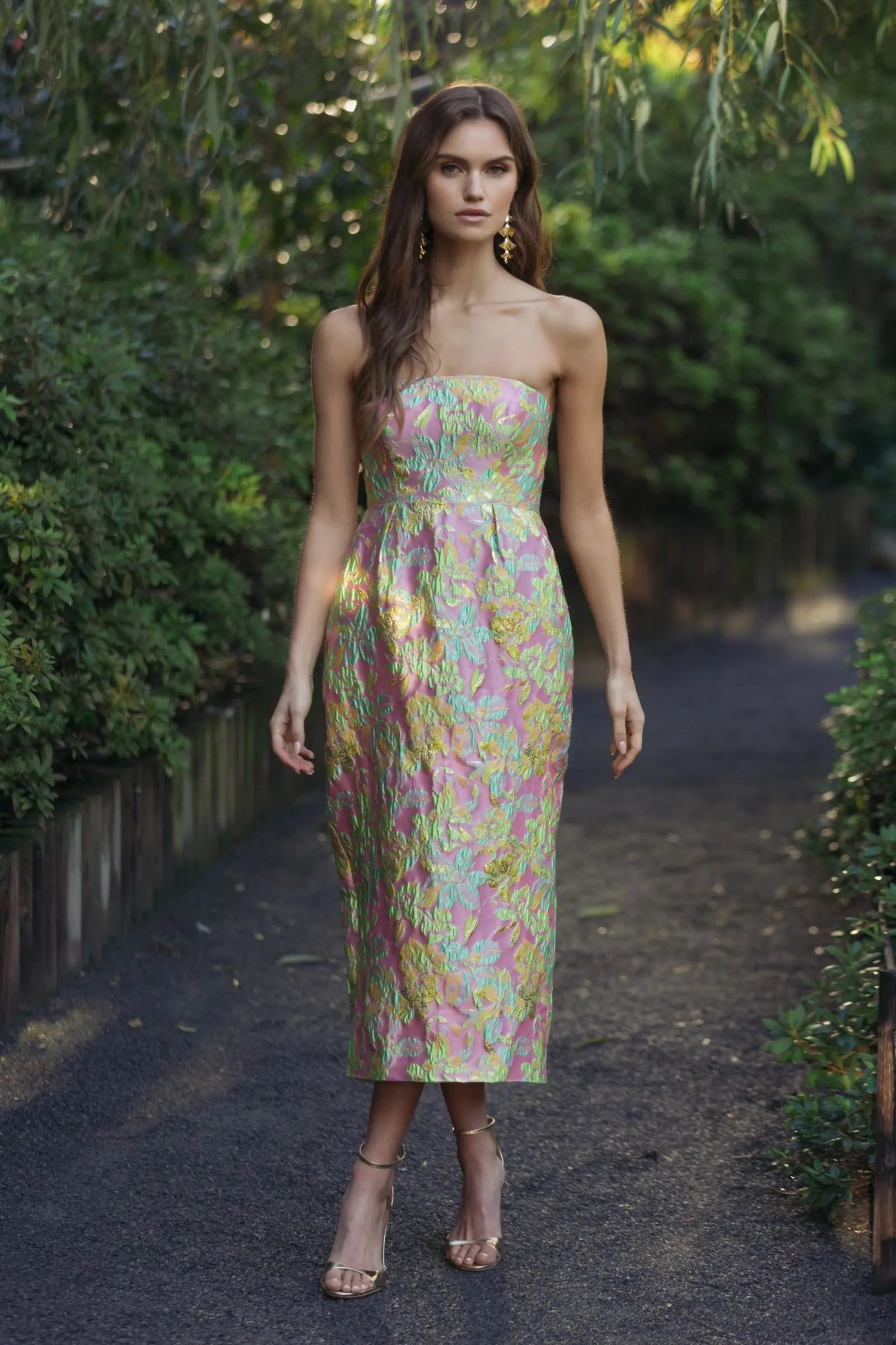 Multicolor Strapless Floral Brocade Midi Dress - Image 7