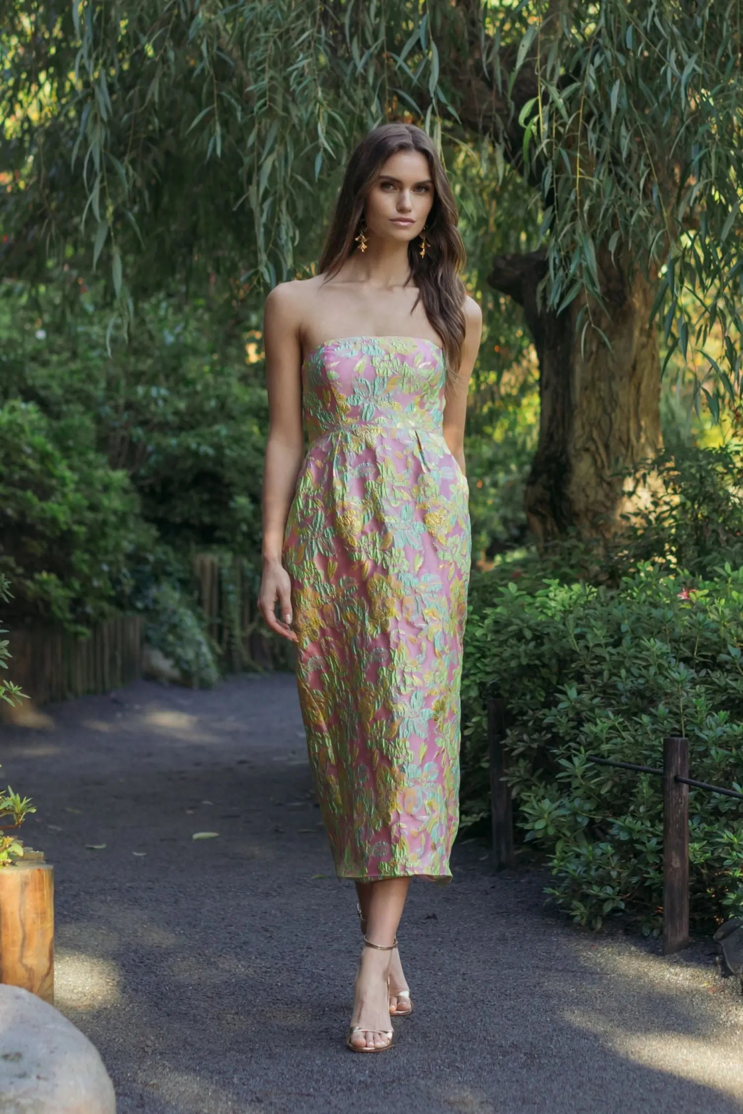 Multicolor Strapless Floral Brocade Midi Dress - Image 5