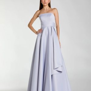 Purple Strapless Satin Ball Gown With Draped Detail
