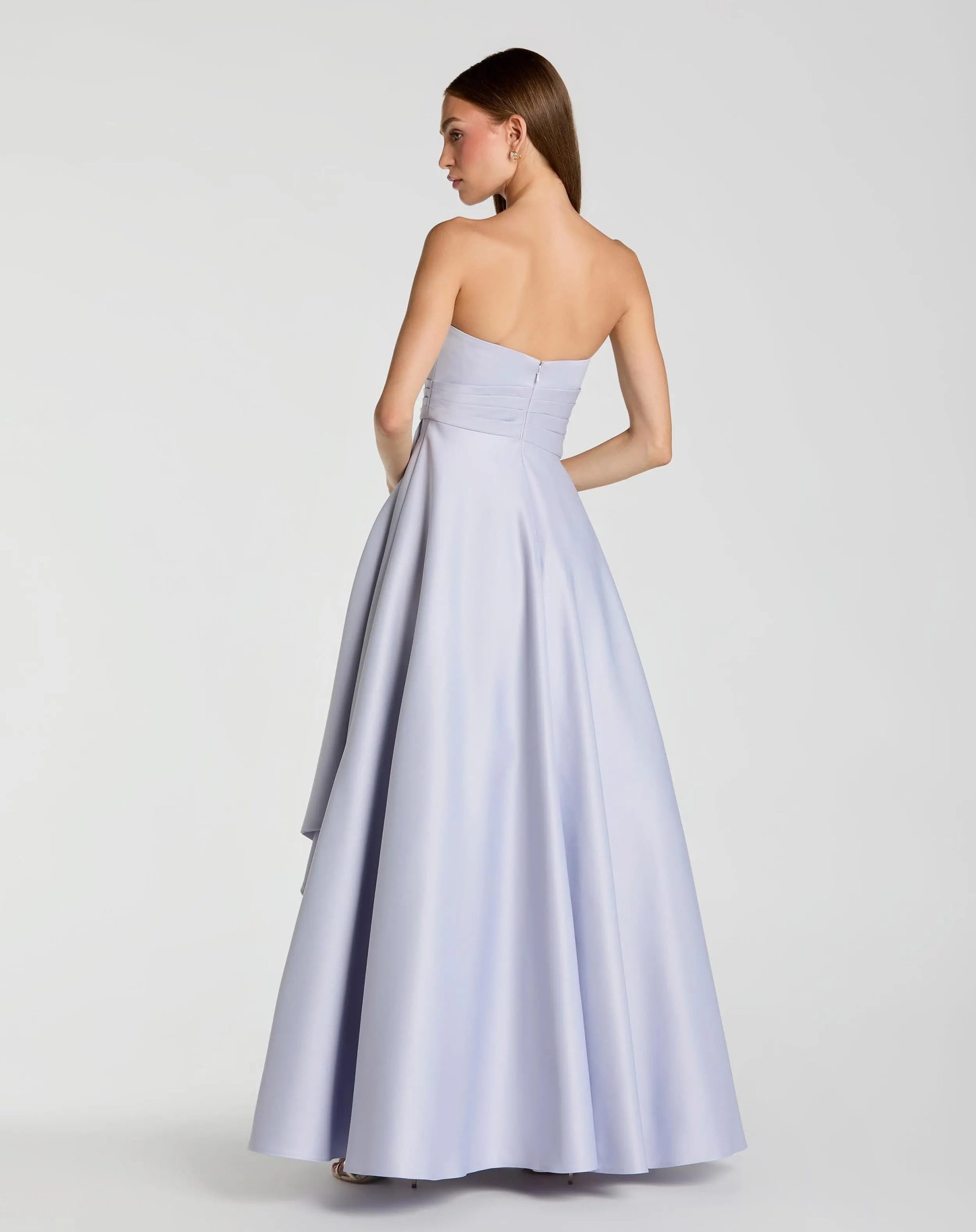 Purple Strapless Satin Ball Gown With Draped Detail - Image 3