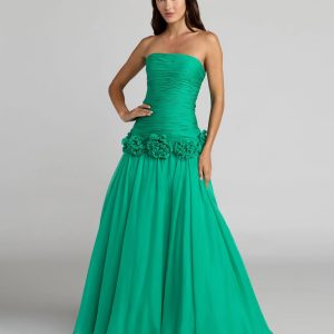 Green Strapless Chiffon Ball Gown With 3D Flowers