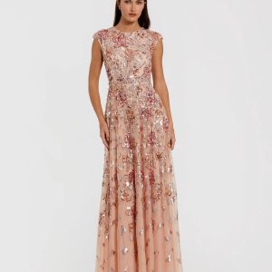 Orange Sequin High Neck Cap Sleeve A Line Gown