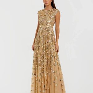 Gold Sequin High Neck Cap Sleeve A Line Gown