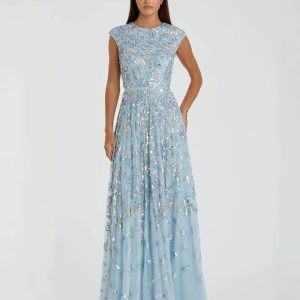 Blue Sequined High Neck Cap Sleeve A Line Gown