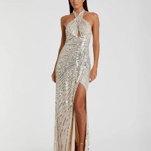 Silver Sequin Halter Keyhole Column Gown