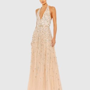 Pink Floral Embellished Halter Strap A Line Gown