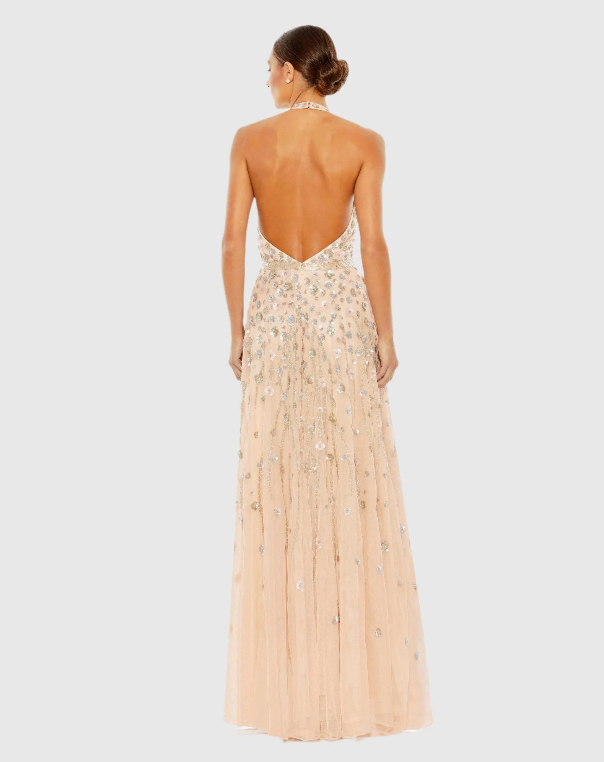 Pink Floral Embellished Halter Strap A Line Gown - Image 2