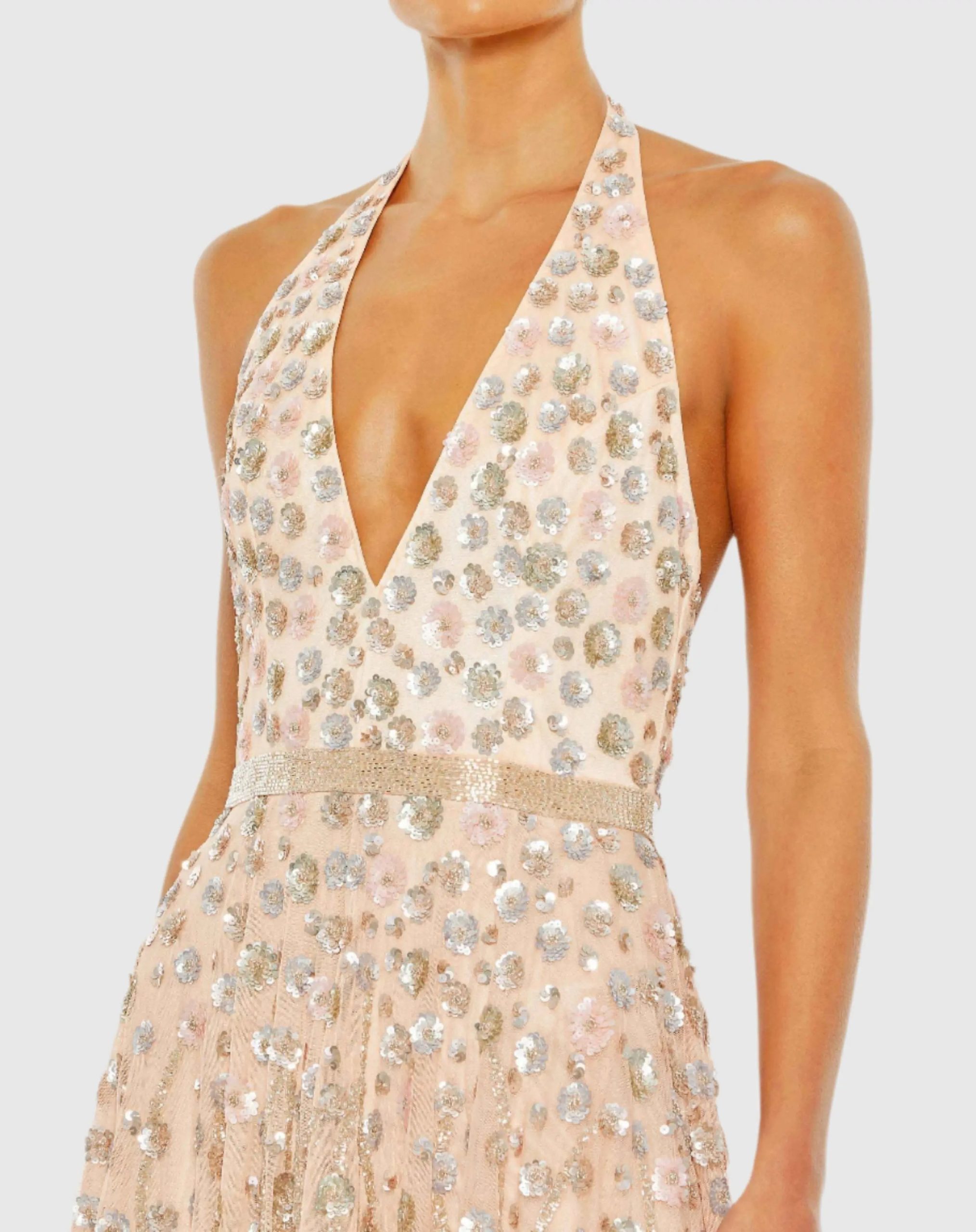 Pink Floral Embellished Halter Strap A Line Gown - Image 3