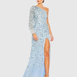 Embellished One Sleeve Faux Wrap Gown