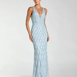 Blue Sequin Embellished Sleeveless Column Gown