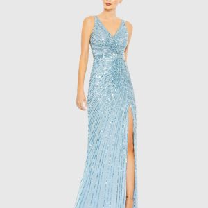 Sequined Faux Wrap Sleeveless Gown