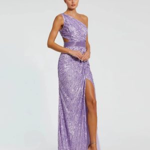Purple Sequined One Shoulder Draped Lace Up Gown