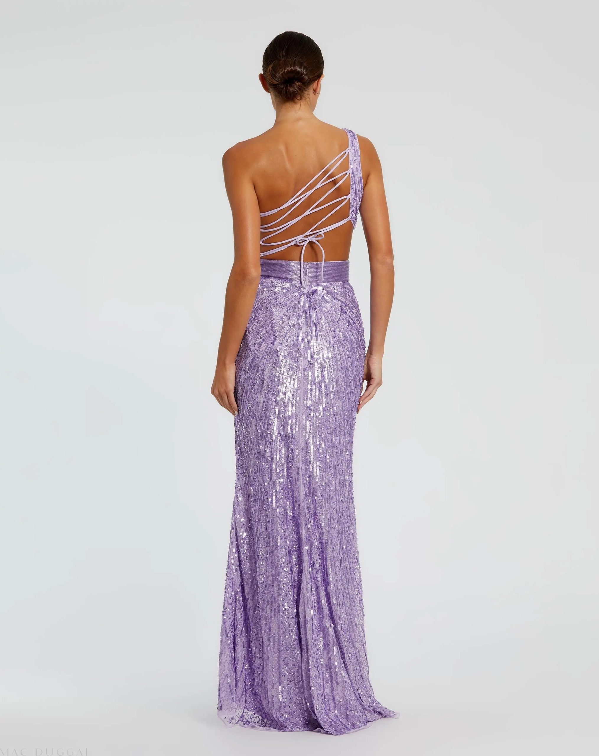 Purple Sequined One Shoulder Draped Lace Up Gown - Image 2