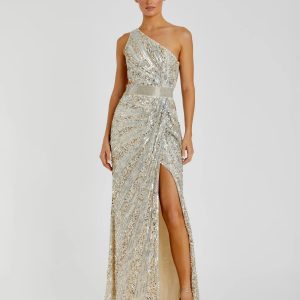 Silver Sequined One Shoulder Draped Lace Up Gown