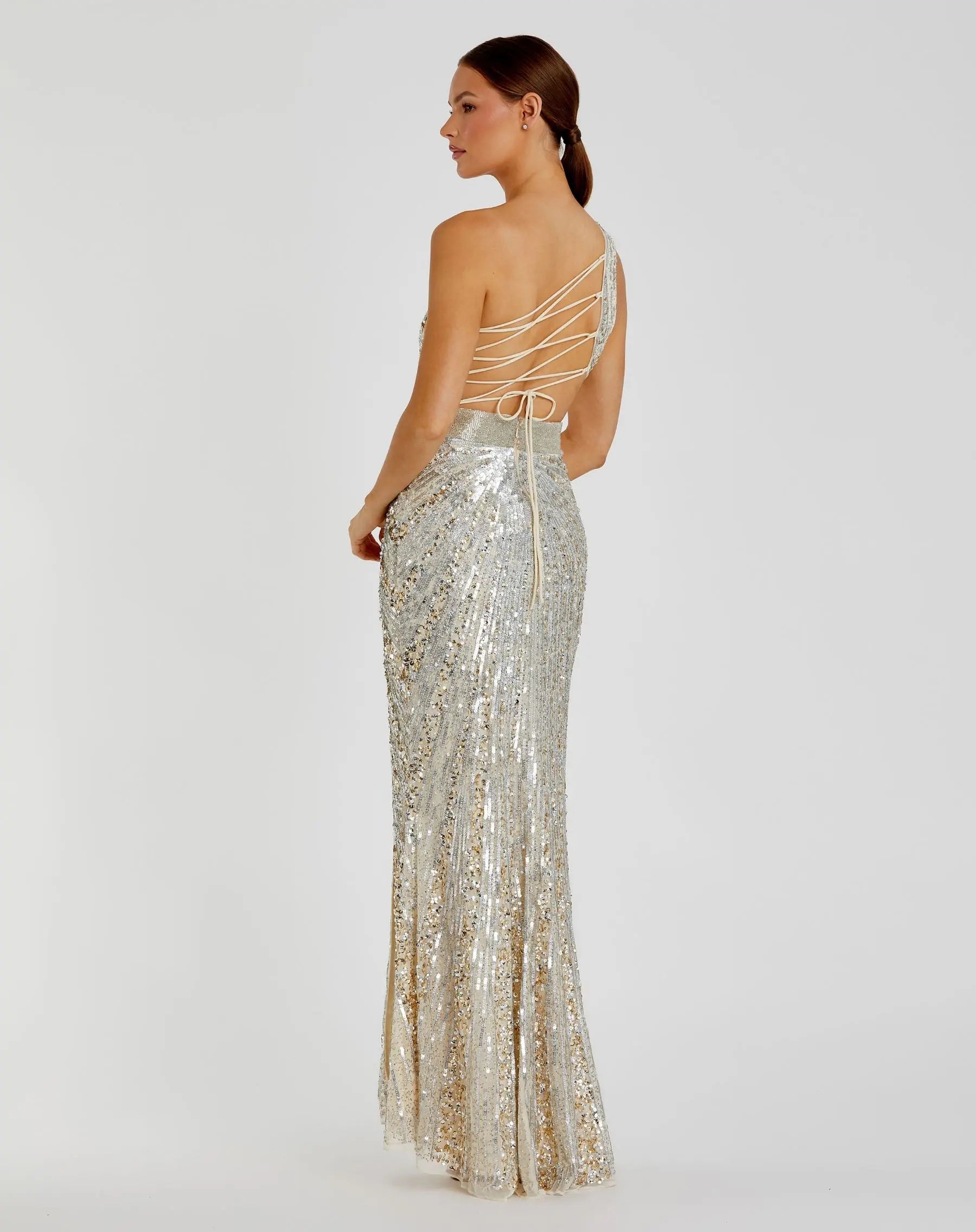 Silver Sequined One Shoulder Draped Lace Up Gown - Image 2