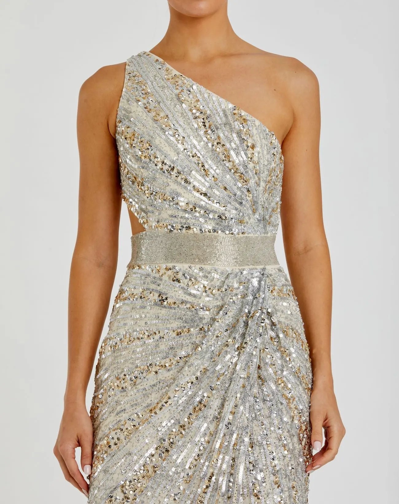 Silver Sequined One Shoulder Draped Lace Up Gown - Image 3