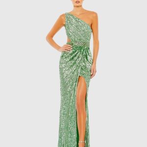 Green Sequined One Shoulder Draped Lace Up Gown