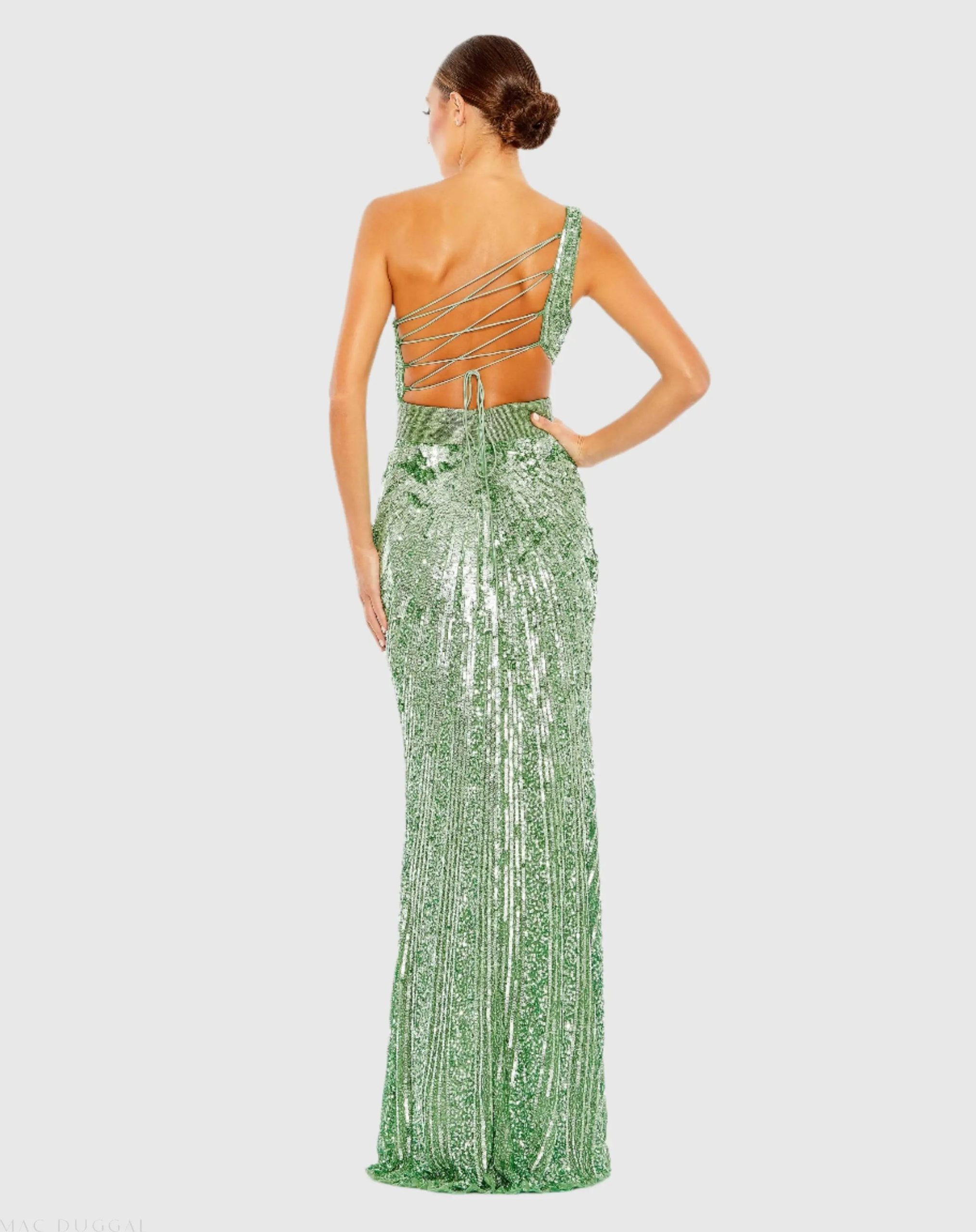 Green Sequined One Shoulder Draped Lace Up Gown - Image 2