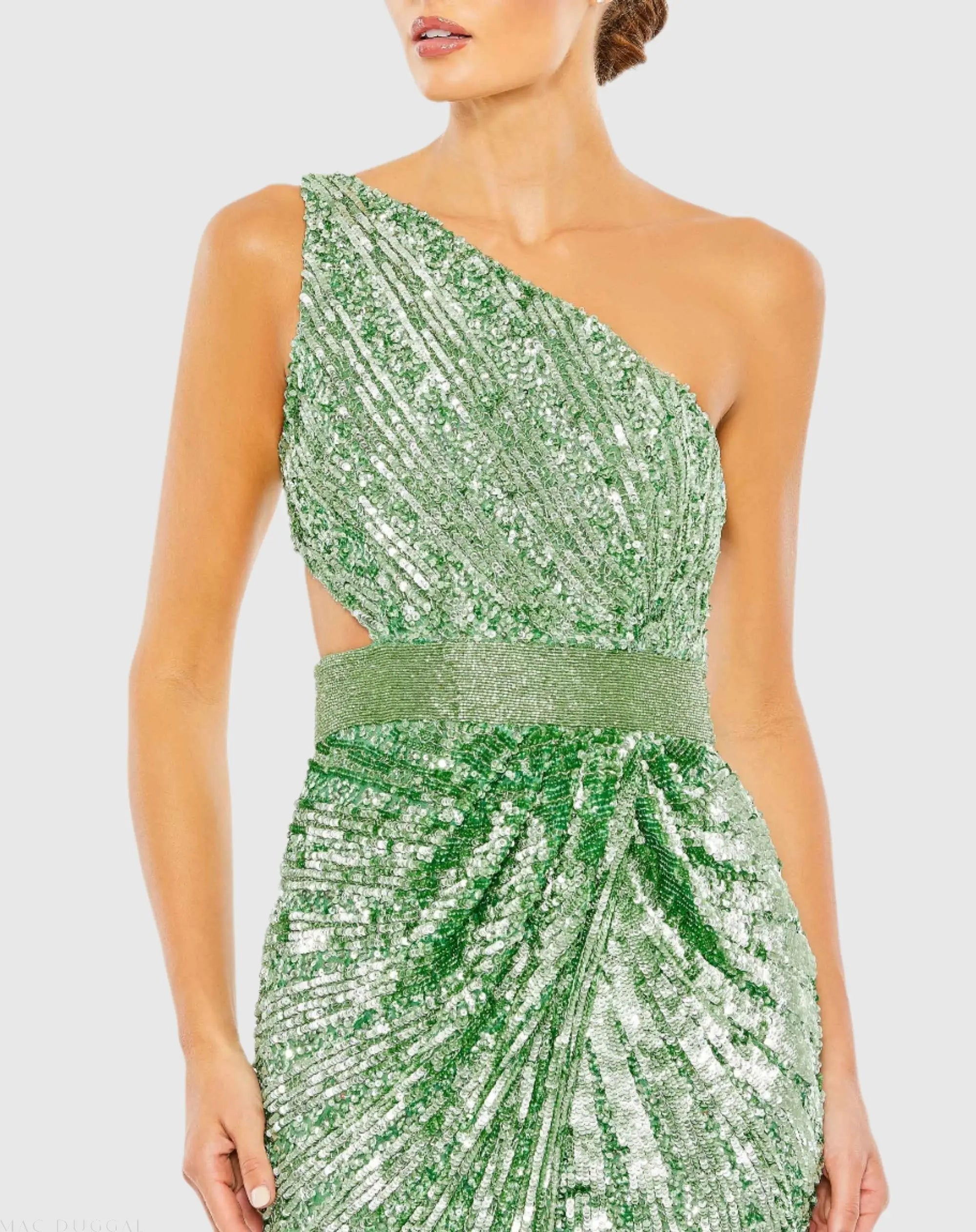 Green Sequined One Shoulder Draped Lace Up Gown - Image 3