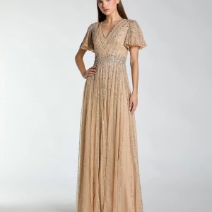 Beige Sequin V-Neck Flutter Sleeve Gown