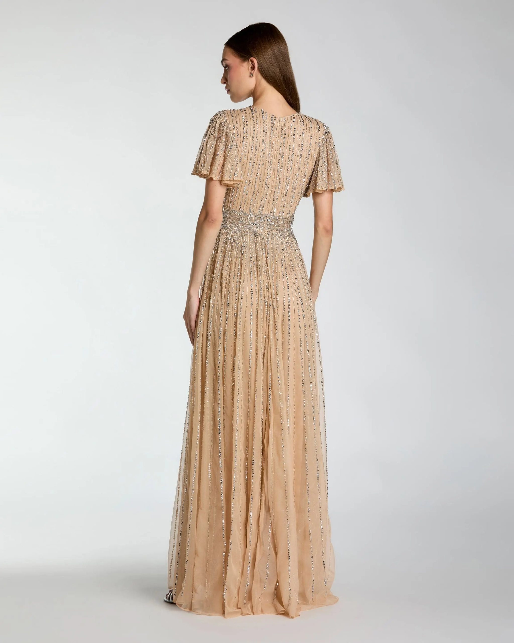 Beige Sequin V-Neck Flutter Sleeve Gown - Image 3