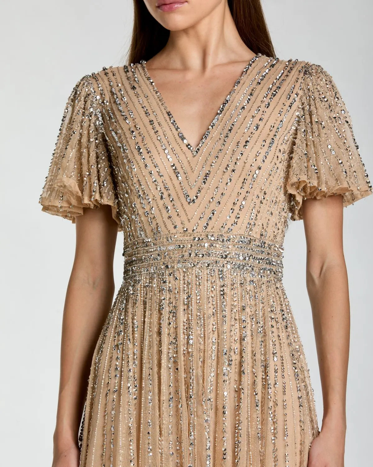 Beige Sequin V-Neck Flutter Sleeve Gown - Image 2