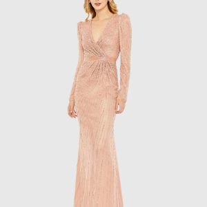 Sequined Wrap Over Long Sleeve Gown