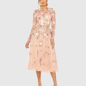 Pink Sequined Floral Long Sleeve High Neck Midi Dress