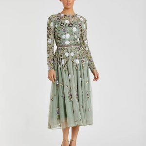 Green Sequined Floral Long Sleeve High Neck Midi Dress