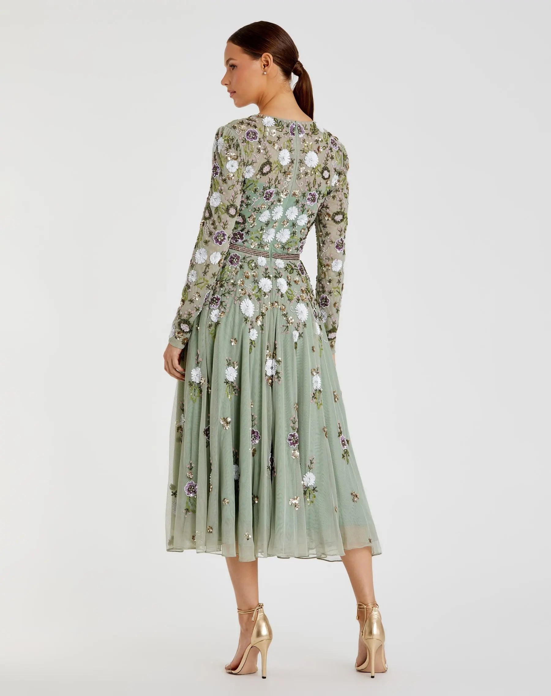 Green Sequined Floral Long Sleeve High Neck Midi Dress - Image 3