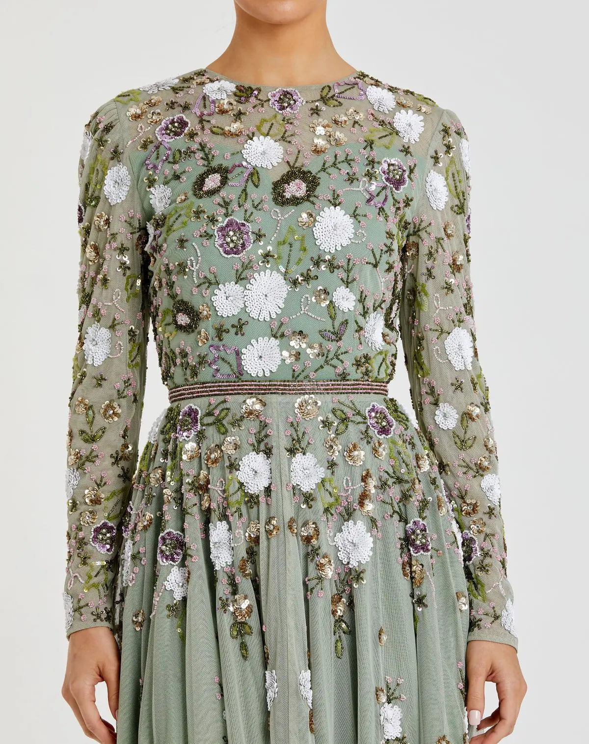 Green Sequined Floral Long Sleeve High Neck Midi Dress - Image 2