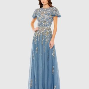Blue Embellished Butterfly Sleeve High Neck Gown