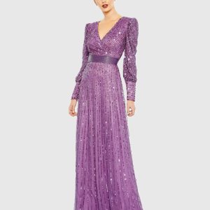 Purple Sequined Wrap Over Bishop Sleeve Gown