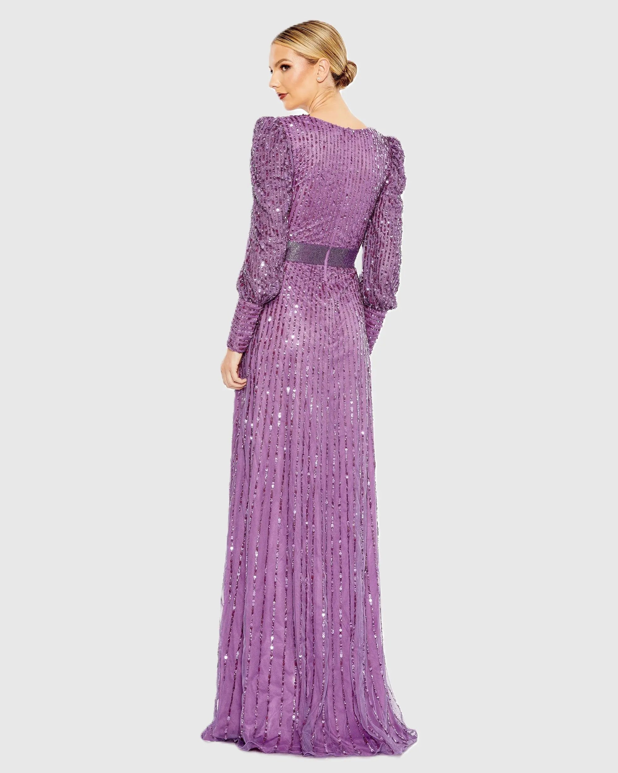 Purple Sequined Wrap Over Bishop Sleeve Gown - Image 3