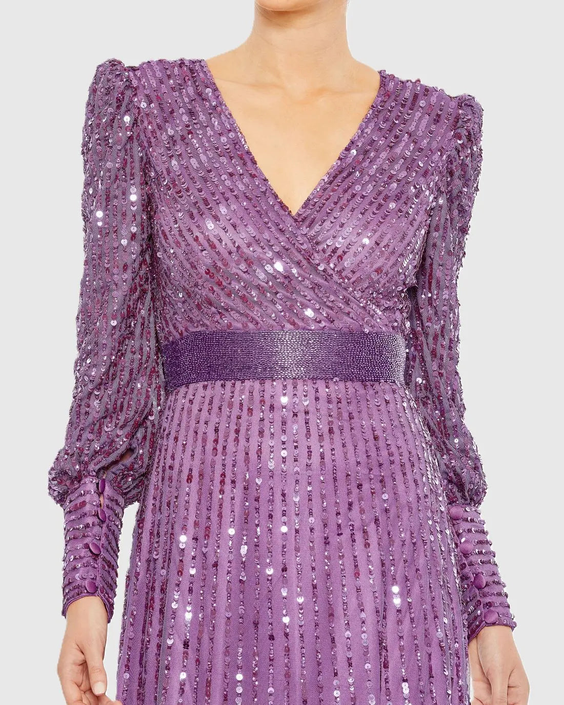 Purple Sequined Wrap Over Bishop Sleeve Gown - Image 2