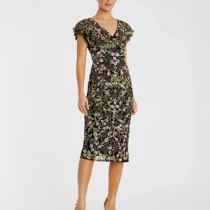 Black Floral Embellished Flutter Cap Sleeve Dress
