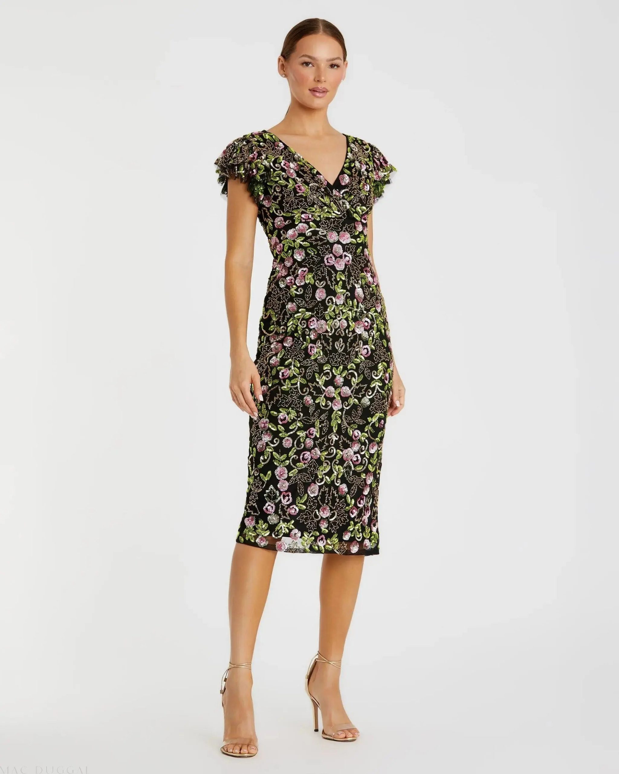 Black Floral Embellished Flutter Cap Sleeve Dress
