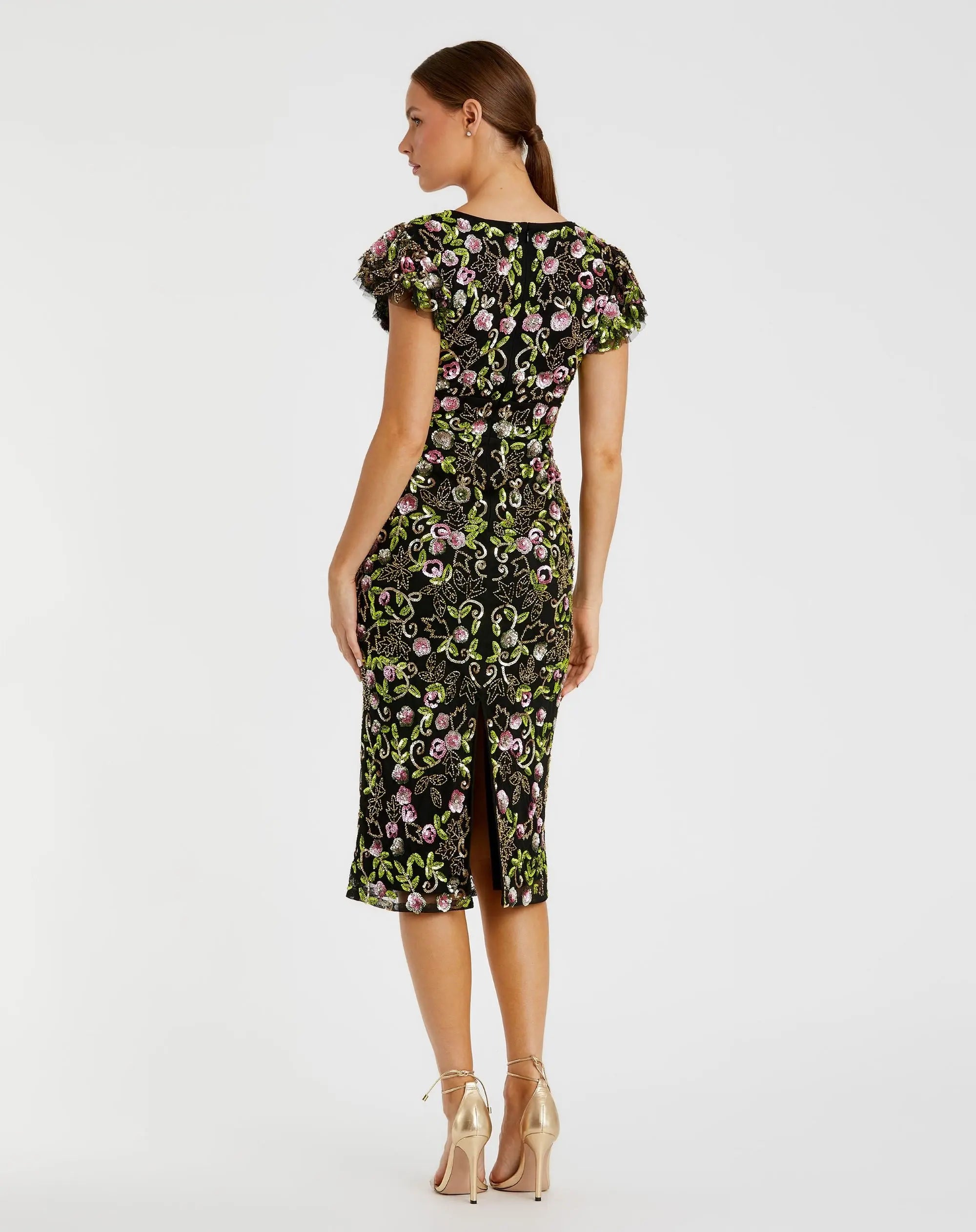 Black Floral Embellished Flutter Cap Sleeve Dress - Image 3