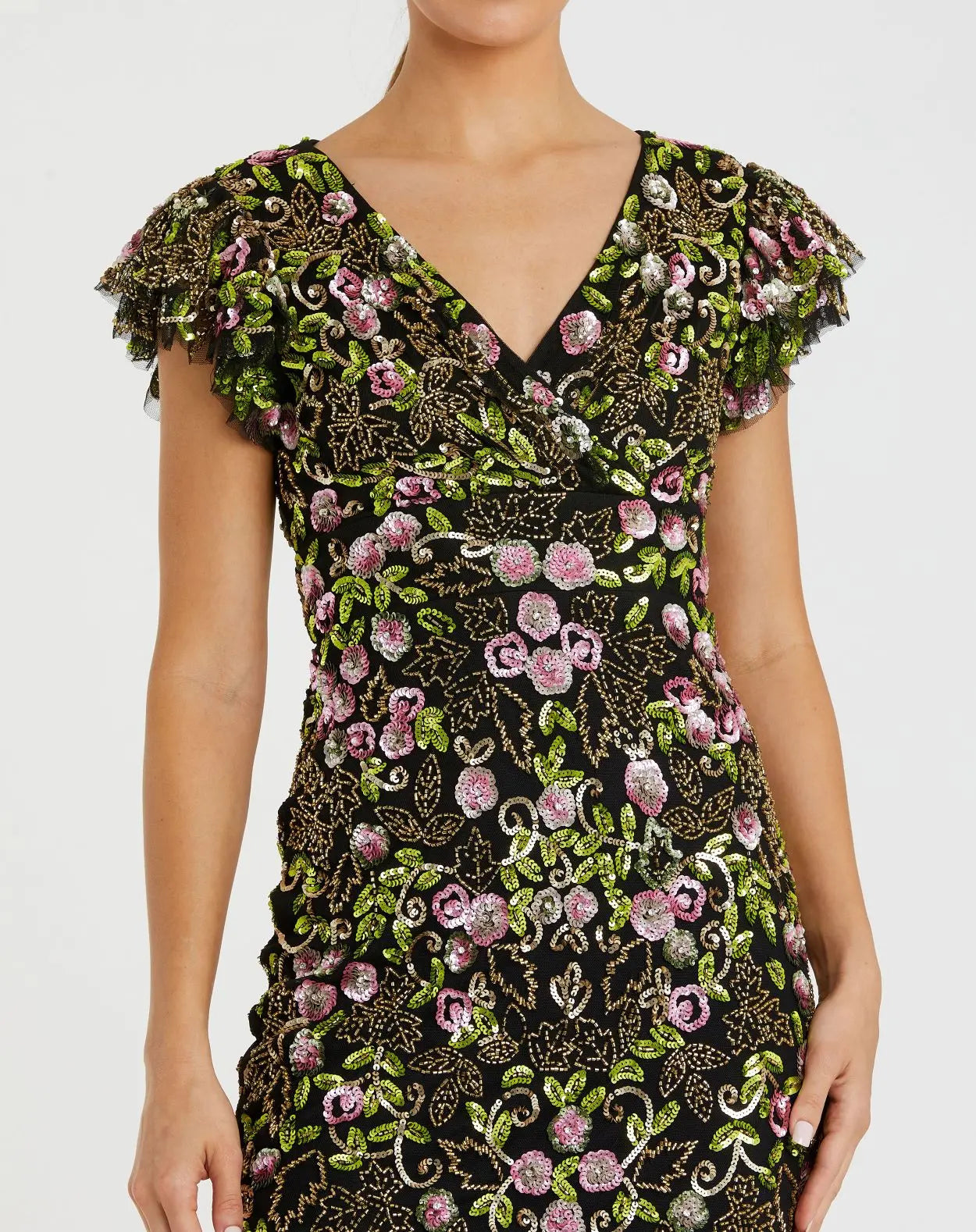 Black Floral Embellished Flutter Cap Sleeve Dress - Image 2